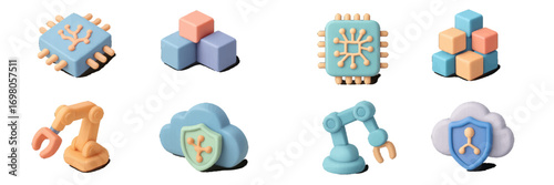 Modern technology icons with data blocks, cloud security, robotic arms, and microchips representing digital innovation and industrial automation
