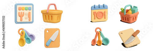 Pastel-colored kitchen utensils, food baskets, and meal calendar symbols for culinary and grocery applications