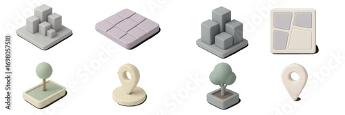 Minimalist isometric 3D icons set with data visualization charts, grid patterns, map pins, and stylized trees