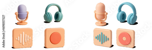 Vibrant collection of stylized audio recording and listening devices, featuring sound wave and record button icons