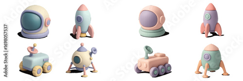 Collection of pastel space exploration objects including astronaut helmets, rockets, and lunar rovers on white background