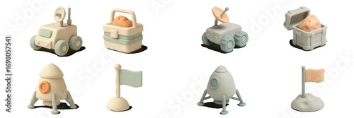 Minimalist space exploration set with rovers, rockets, flags, and moon rocks on a white background
