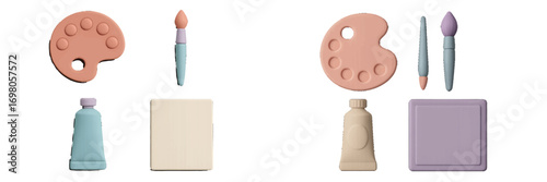 Vibrant pastel art supplies arranged with paint palettes, brushes, tubes, and blank canvases for creative projects