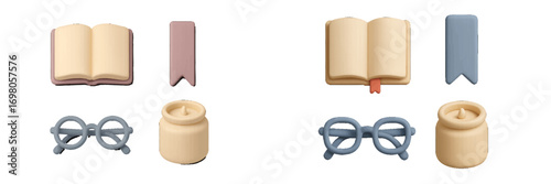 Arrangement of open books, colorful bookmarks, reading glasses, and small jars for education and learning themes