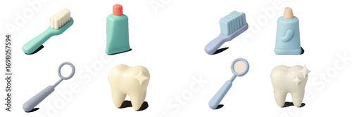 Comprehensive set of dental hygiene tools featuring toothbrushes toothpaste dental mirrors and sparkling clean teeth