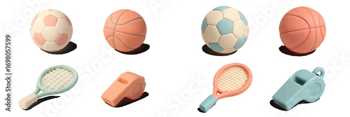 Assortment of colorful sports equipment featuring soccer balls, basketballs, tennis rackets, and whistles