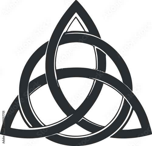 A modern abstract trinity symbol featuring three intertwined shapes representing unity and connection. Black on transparent background.