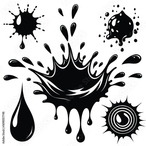 A collection of various black ink splatters, paint drips, and liquid splashes in different shapes and sizes.