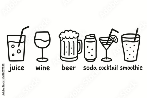Illustration of various drinks: juice, wine, beer, soda, cocktail, smoothie