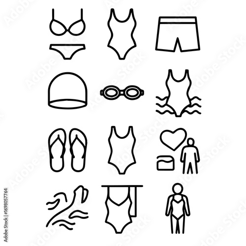 Summer Swimwear and Accessories Icon Set Bold Line Art Graphics.