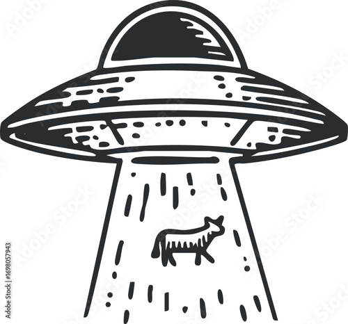 A stylized illustration of a UFO beaming up a cow in a whimsical design. Black on transparent background.