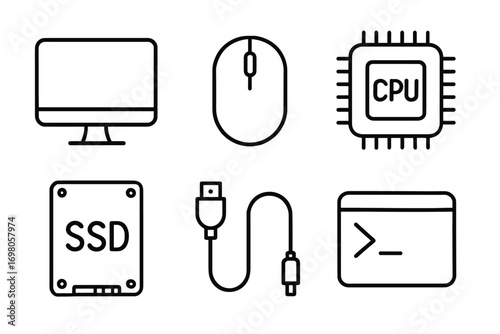 Computer technology icons: monitor, mouse, cpu, ssd, usb cable, command line