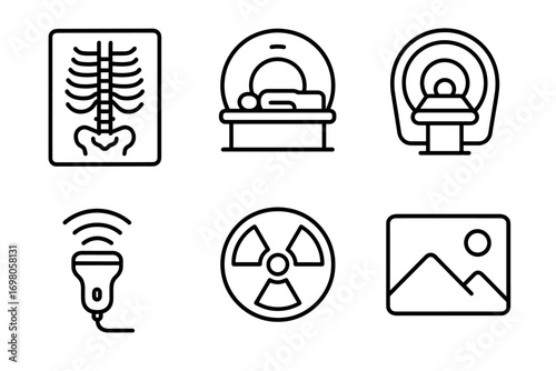 Diagnostic imaging icons: x-ray, mri, ultrasound, radiation, scans, medical symbols