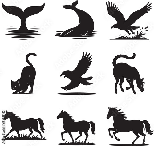 Collection of nine animal silhouettes including whales eagles cats and horses vector illustration