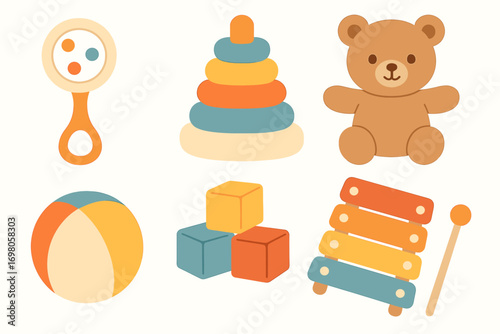 Colorful assorted baby toys: teddy bear, blocks, and more for playful fun