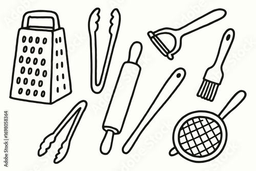 Set of hand-drawn kitchen utensils including grater and rolling pin