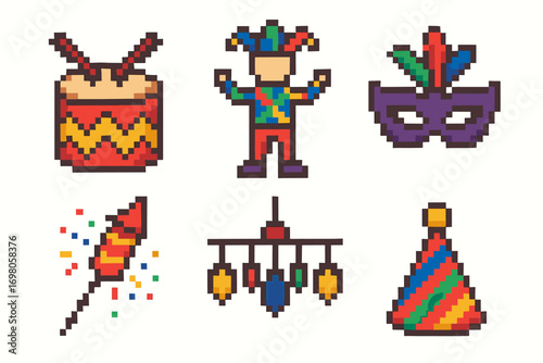 Colorful carnival icons: drums, jester, mask, firecracker, lanterns, party hat in pixel art