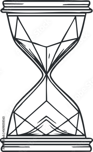 An artistic illustration of a classic hourglass representing the passage of time and balance. Black on transparent background.