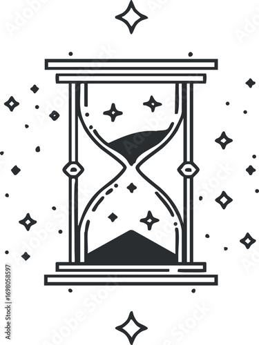 An artistic hourglass illustration symbolizing time, patience, and the flow of life. Black on transparent background.