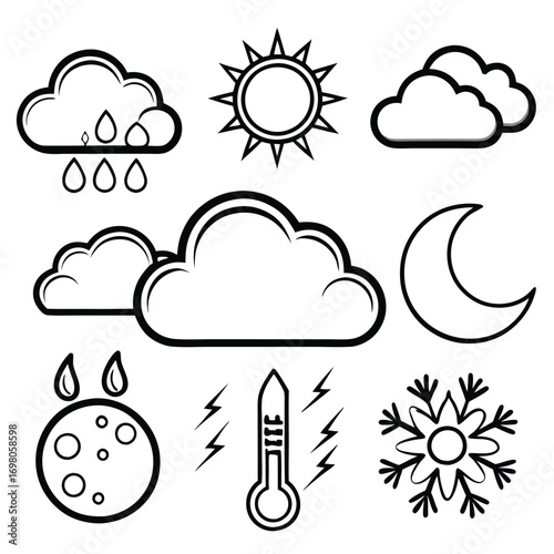 Black and white weather icons depicting rain, sun, clouds, moon, temperature, and snow.