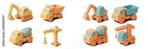 Set of cute cartoon toy construction vehicles including excavator, dump truck, cement mixer, and crane isolated on a white background