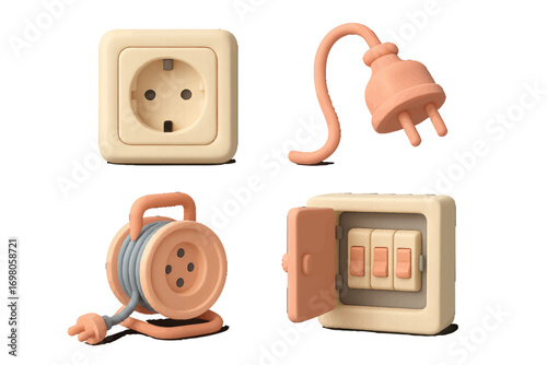 Set of electrical equipment including a power socket, plug, extension cord reel, and fuse box isolated on a white background