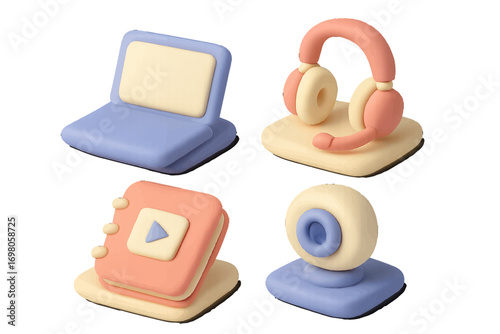 Set of 3D technology icons including a laptop, headset with microphone, video player, and webcam in a cute pastel clay style for online communication and remote work concepts