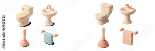 Isometric bathroom furniture and accessories icon set with toilet, sink, plunger, and towel rack in pastel colors isolated on a white background