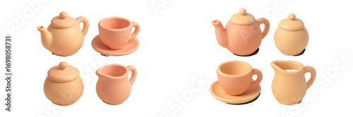 Minimalist ceramic tea service set with teapot, teacup, sugar bowl, and creamer for modern kitchenware and beverage concepts