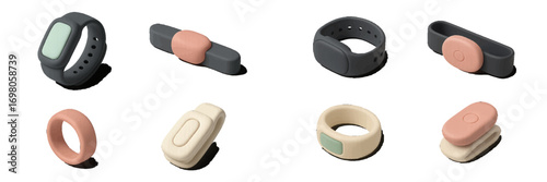 Collection of modern wearable technology devices including smart rings and fitness trackers presented in a clean minimalist style with pastel colors