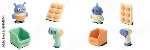 Collection of stylized medical equipment including organizational containers, healthcare tools, and friendly robot characters on a clean background