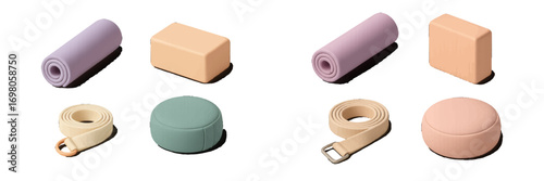 Set of pastel colored yoga and meditation accessories including rolled mats, rectangular blocks, coiled straps, and round cushions