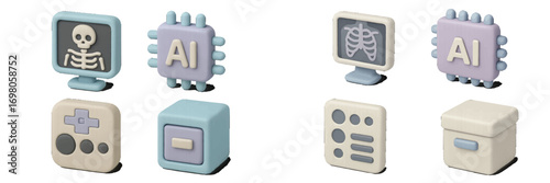 3D icon set for medical technology featuring AI processor chip, skeleton x-ray, data storage, and health diagnostics symbols on a white background