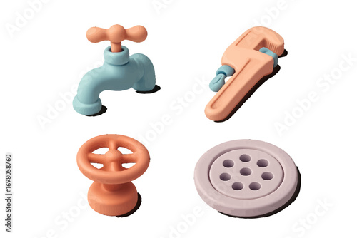 Colorful household plumbing elements set featuring a water tap, adjustable wrench, valve handle, and drain cover