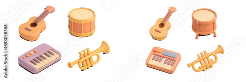 Colorful collection of musical instruments including guitar, drum, keyboard, and trumpet with a playful isometric design