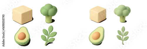 Collection of 3D style icons featuring vegan food like tofu, broccoli, and avocado for promoting healthy eating and plant-based diets