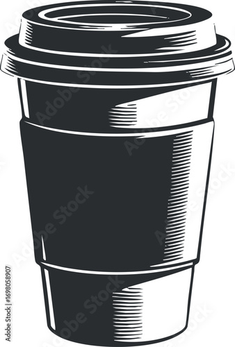 Illustration of a stylish disposable coffee cup perfect for takeout beverages. Black on transparent background.