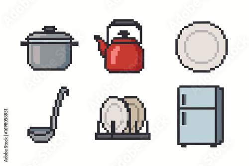 Pixel art kitchen essentials: cookware, plates, utensils, and fridge