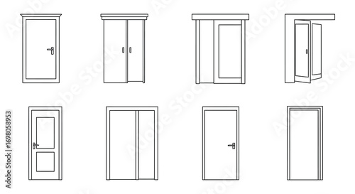 various styles of doors shown in simple line drawings