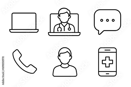 Medical technology icons: laptop, doctor, chat, phone, person, smartphone