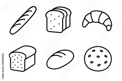 Variety of bread icons: baguette, sliced bread, croissant, and more