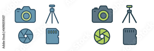 Photography equipment icon set with camera, tripod, lens aperture, and memory card in two color variations