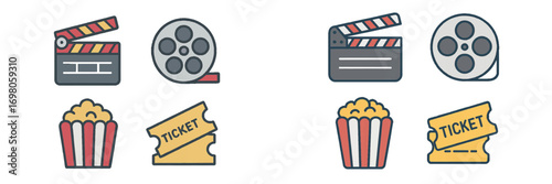 Cinema and movie night icon set with clapperboard, film reel, popcorn, and tickets in two different color styles isolated on a white background