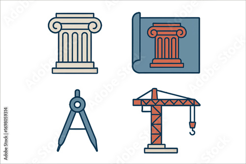 Architectural and construction symbols featuring classical column, blueprint, drawing compass, and tower crane