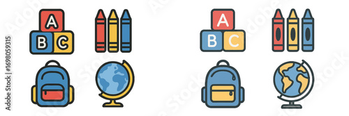 School supplies and education symbols including alphabet blocks, crayons, a backpack, and a world globe for learning