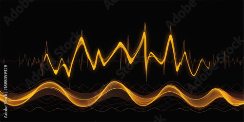 An abstract red audio wave shows a heartbeat pulse on a medical monitor