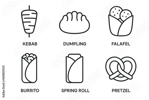 Set of six iconic food illustrations: kebab, dumpling, falafel, burrito, spring roll, pretzel