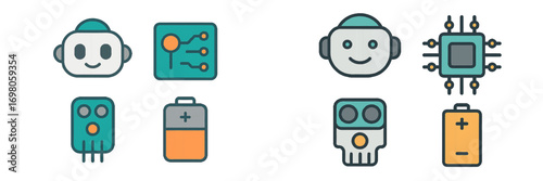 Collection of modern technology icons featuring friendly robot heads, circuit boards, and power sources