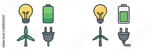 Modern flat design icons representing green energy, electricity, power generation, and sustainable technology solutions