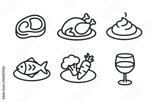 Collection of food icons: meat, chicken, mashed potatoes, fish, vegetables, wine